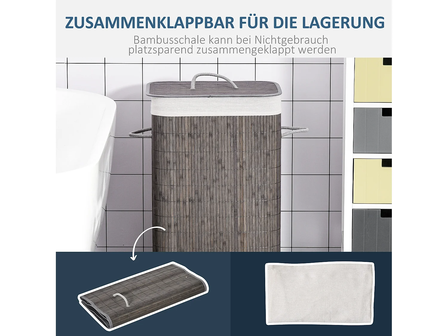 Panier à linge étroit avec couvercle, sacs amovibles, bambou gris naturel (43x32x61cm)