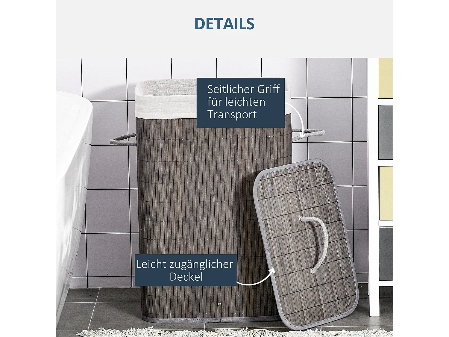 Panier à linge étroit avec couvercle, sacs amovibles, bambou gris naturel (43x32x61cm)