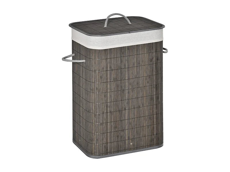 Smalle wasmand met deksel, uitneembare zakken, natuurlijk grijs bamboe (43x32x61cm)