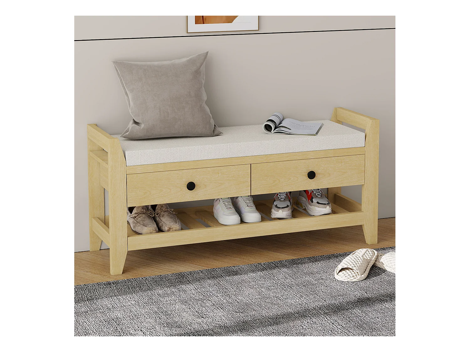 Banc à chaussures moderne avec assise et rangement, surface en coussin doux, étagère à chaussures pour entrée, MDF, naturel (101x35x50 cm)
