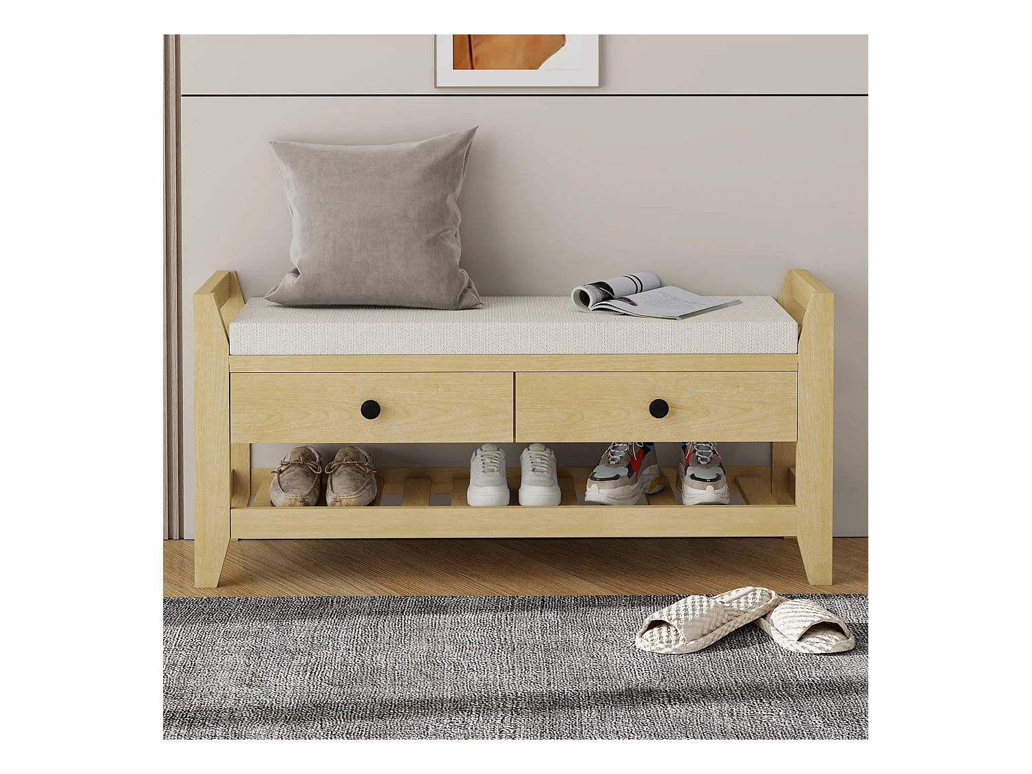 Banc à chaussures moderne avec assise et rangement, surface en coussin doux, étagère à chaussures pour entrée, MDF, naturel (101x35x50 cm)