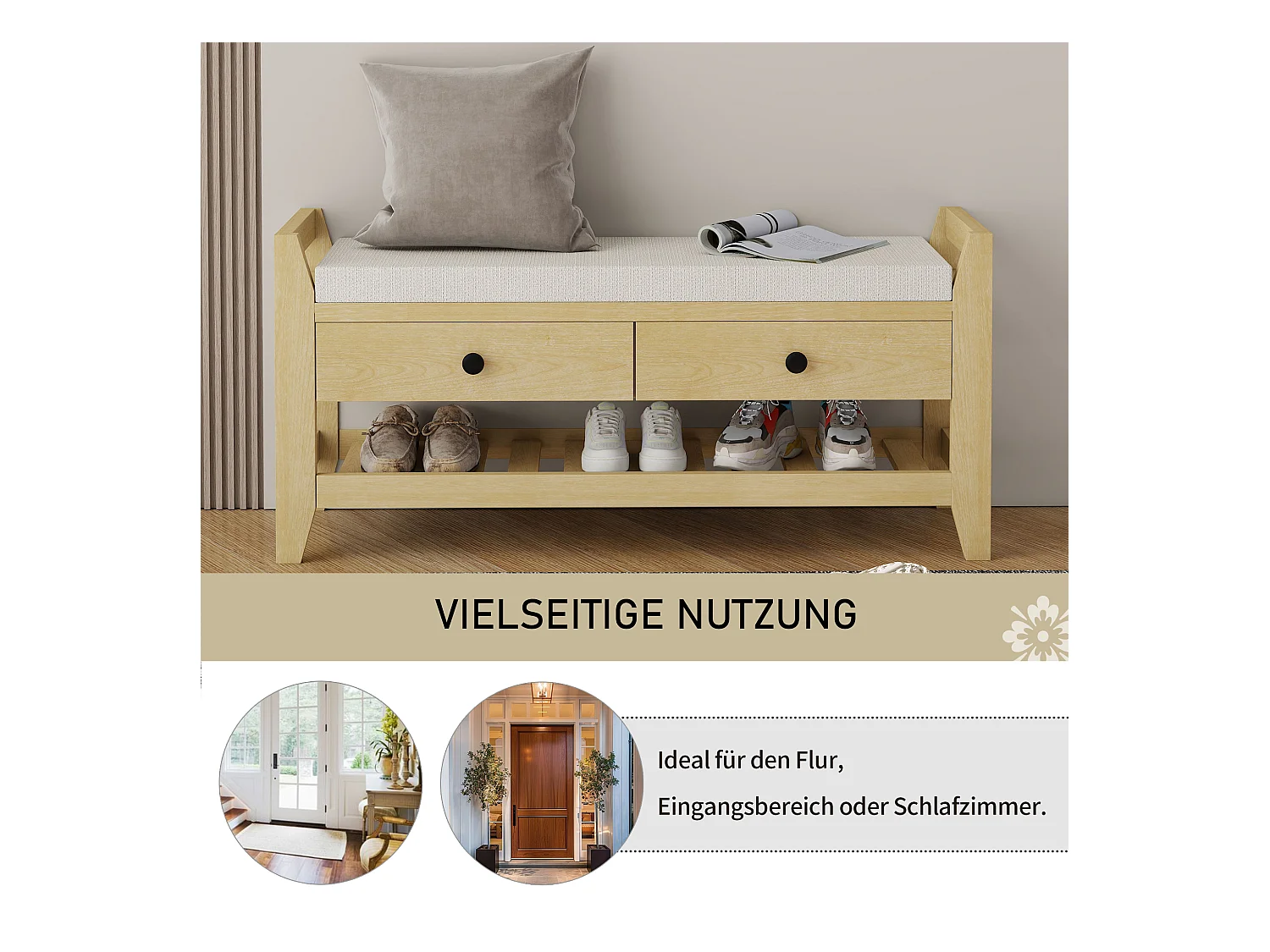 Banc à chaussures moderne avec assise et rangement, surface en coussin doux, étagère à chaussures pour entrée, MDF, naturel (101x35x50 cm)