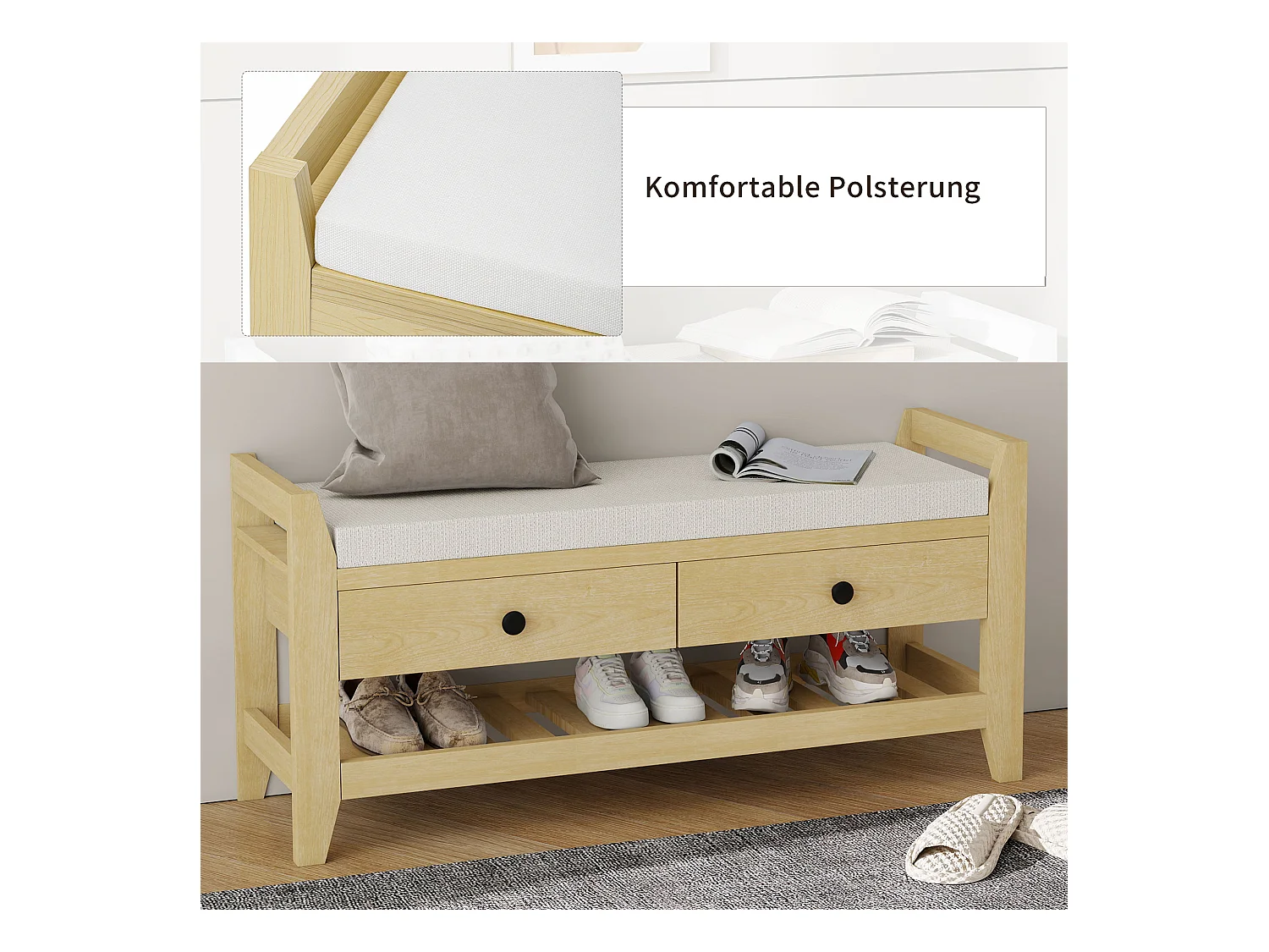 Banc à chaussures moderne avec assise et rangement, surface en coussin doux, étagère à chaussures pour entrée, MDF, naturel (101x35x50 cm)