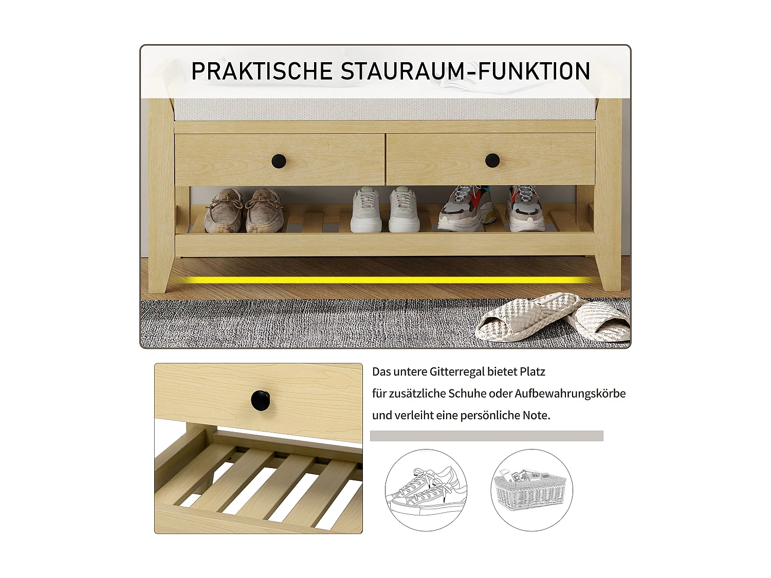 Banc à chaussures moderne avec assise et rangement, surface en coussin doux, étagère à chaussures pour entrée, MDF, naturel (101x35x50 cm)