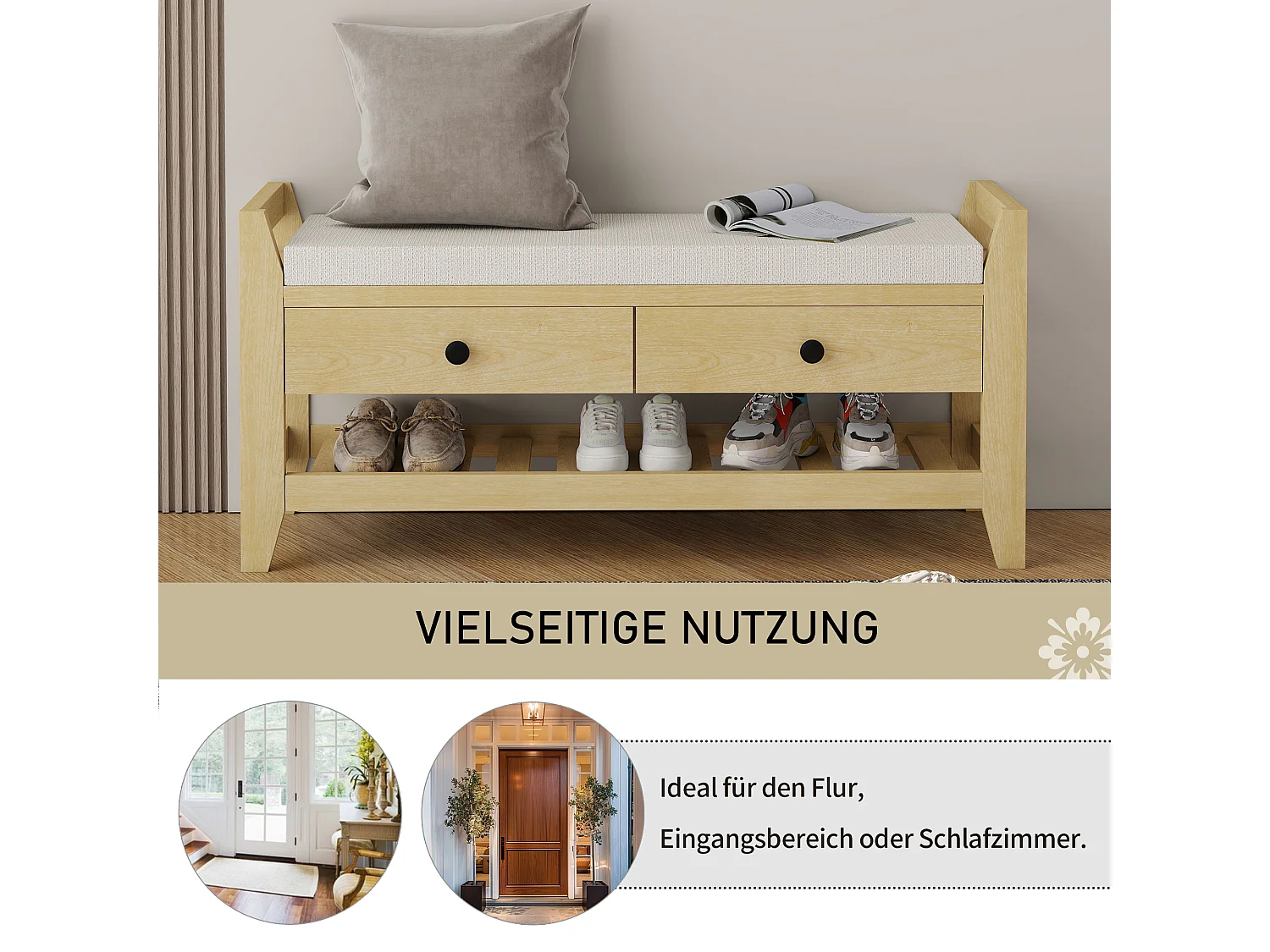 Banco zapatero moderno con asiento y espacio de almacenaje, superficie acolchada suave, zapatero para entrada, MDF, natural (101x35x50 cm)