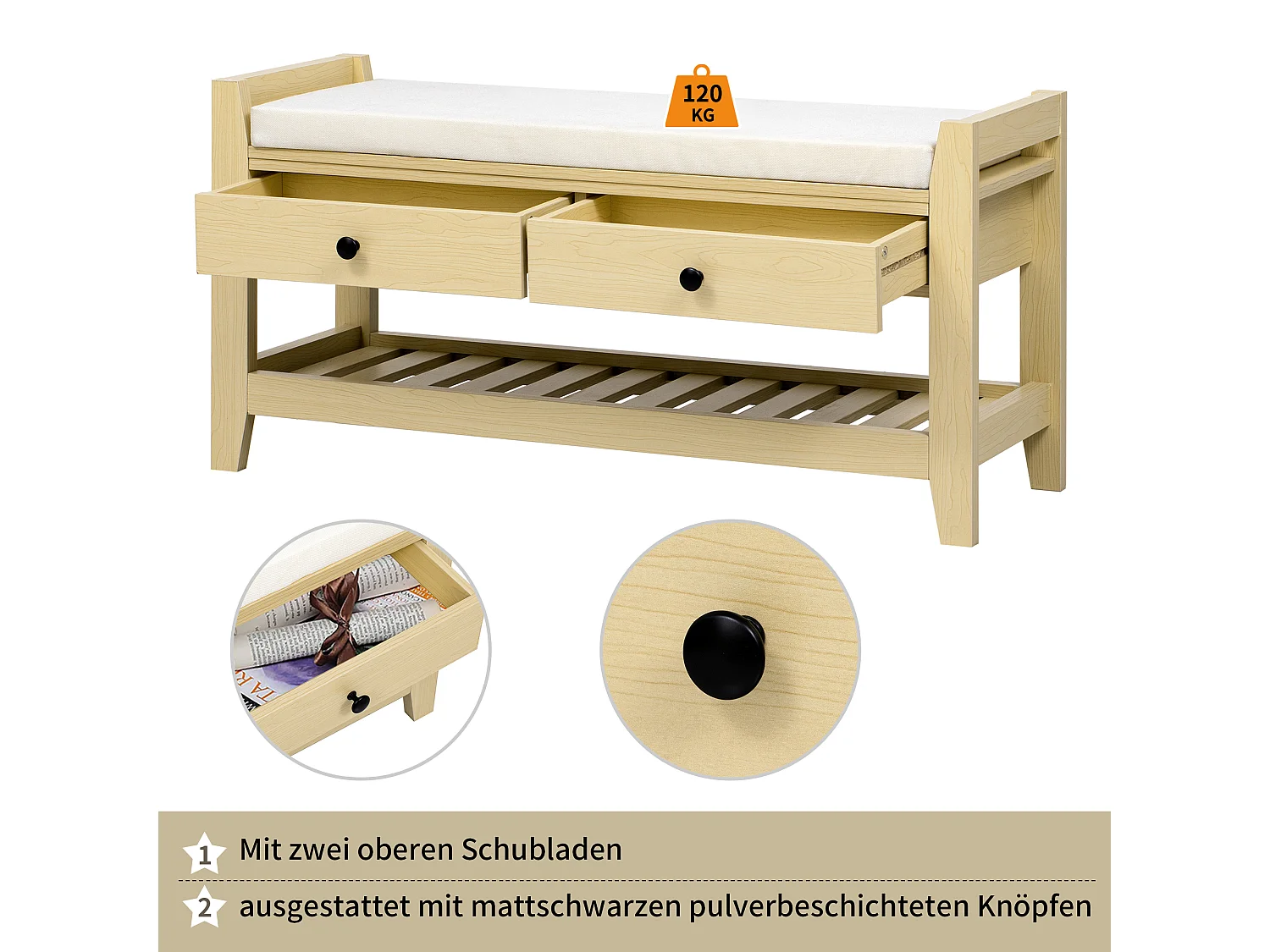 Banco zapatero moderno con asiento y espacio de almacenaje, superficie acolchada suave, zapatero para entrada, MDF, natural (101x35x50 cm)