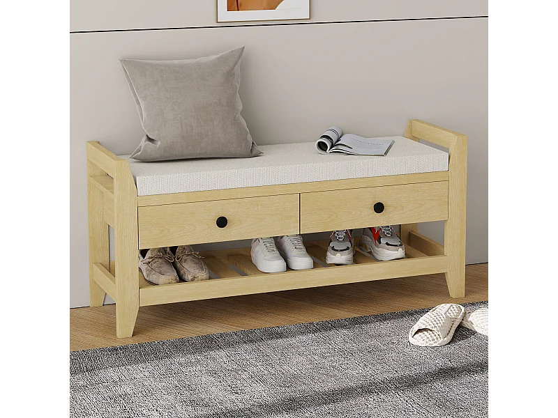 Banco zapatero moderno con asiento y espacio de almacenaje, superficie acolchada suave, zapatero para entrada, MDF, natural (101x35x50 cm)