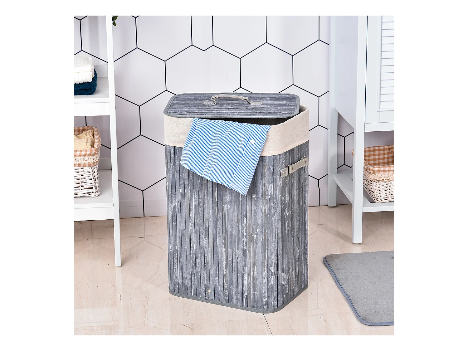 Panier à linge pliable avec couvercle, sac lavable amovible, bambou gris (40x30x60cm)