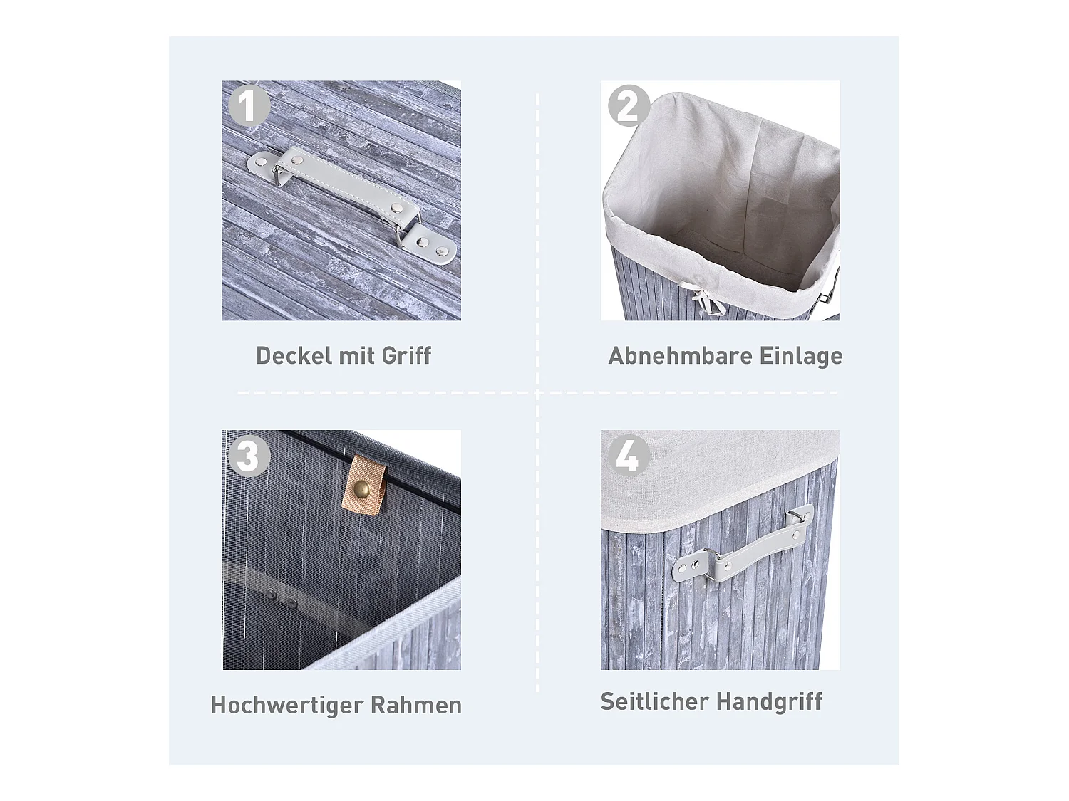 Panier à linge pliable avec couvercle, sac lavable amovible, bambou gris (40x30x60cm)