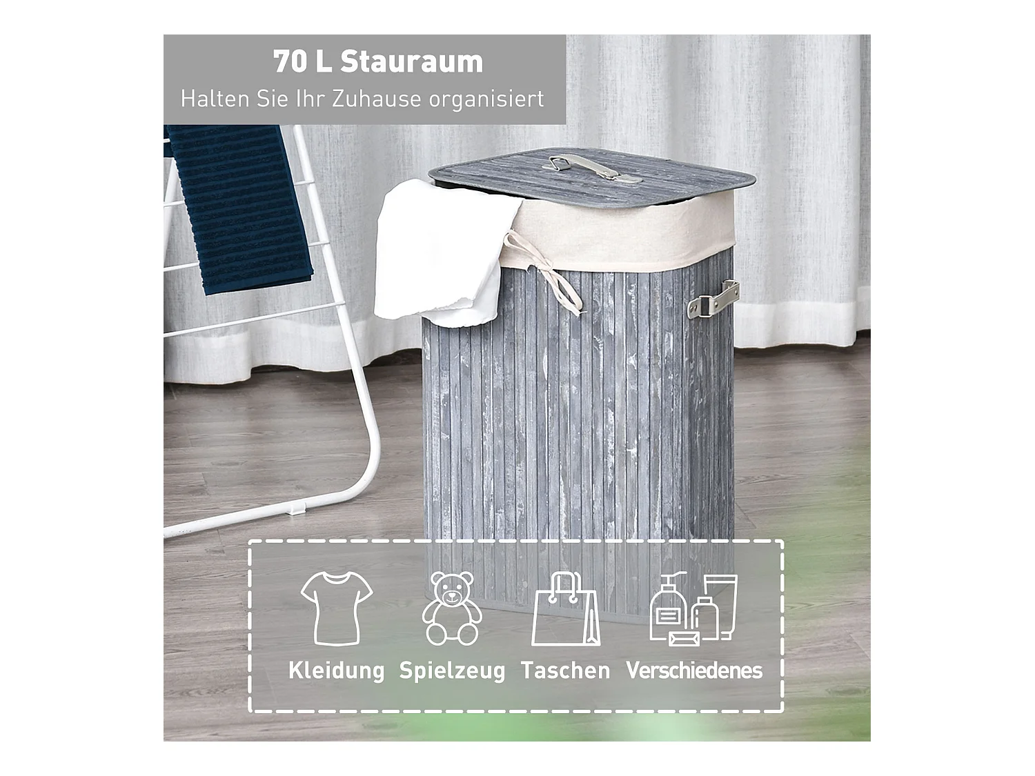 Panier à linge pliable avec couvercle, sac lavable amovible, bambou gris (40x30x60cm)