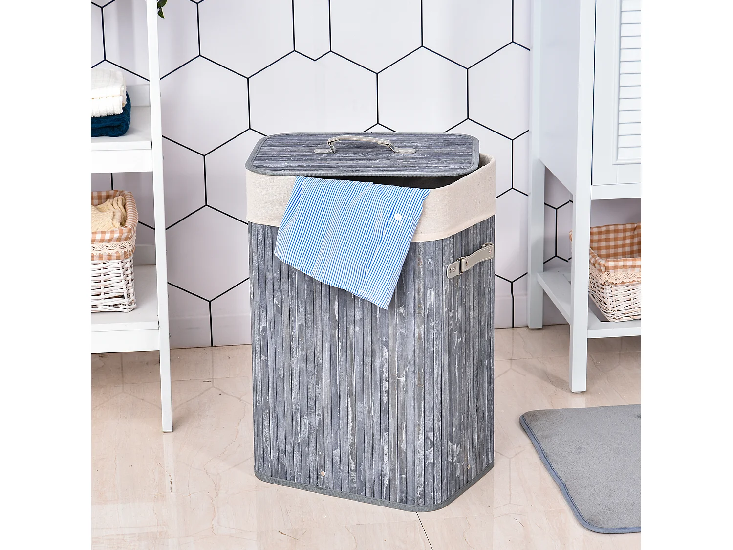 Panier à linge pliable avec couvercle, sac lavable amovible, bambou gris (40x30x60cm)
