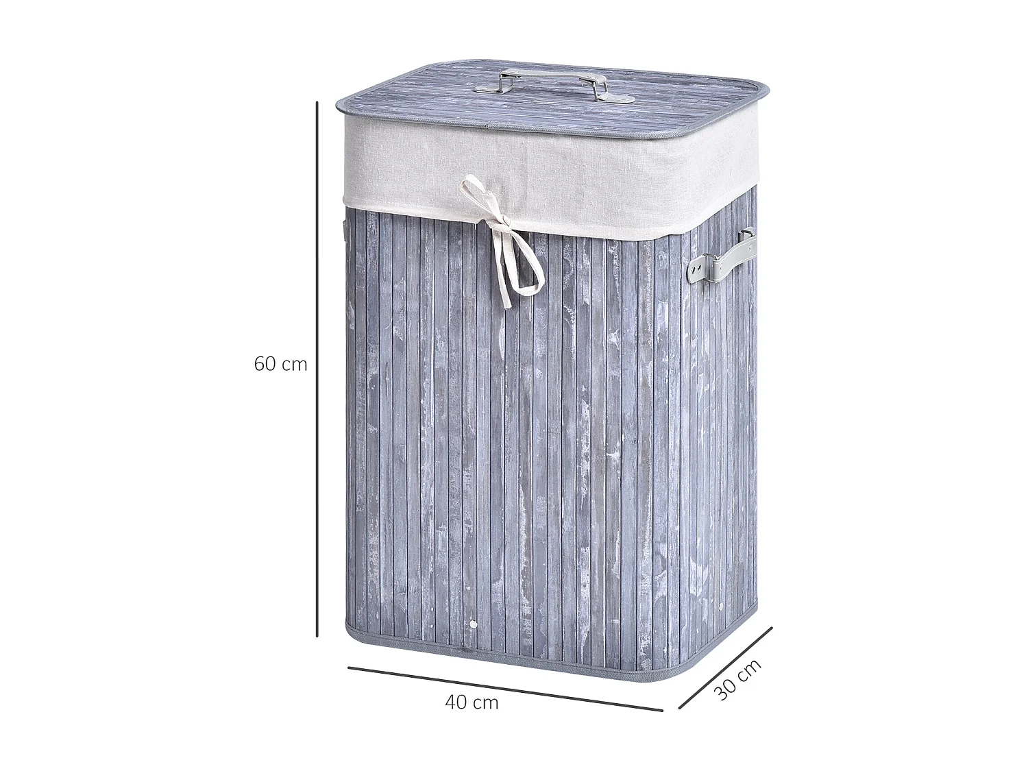 Panier à linge pliable avec couvercle, sac lavable amovible, bambou gris (40x30x60cm)