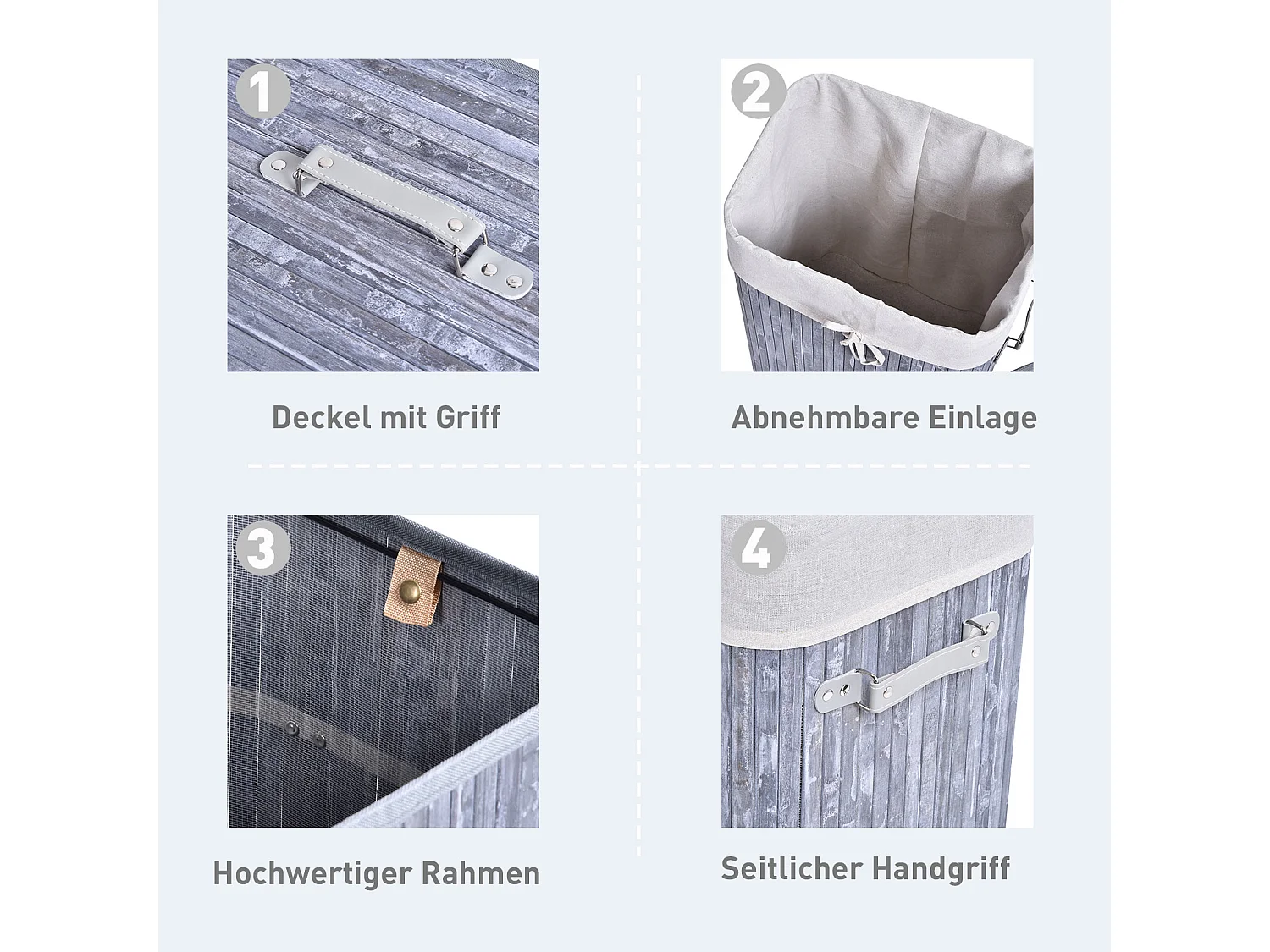 Panier à linge pliable avec couvercle, sac lavable amovible, bambou gris (40x30x60cm)