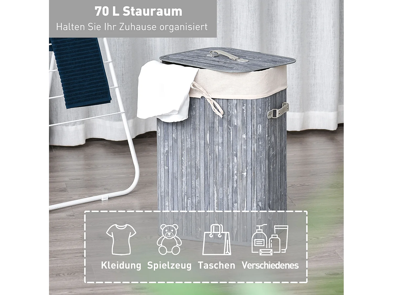 Panier à linge pliable avec couvercle, sac lavable amovible, bambou gris (40x30x60cm)