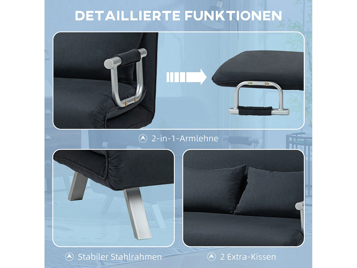 2-zits slaapbank met rugleuningverstelling, in fluweel, zwart (111x80x78 cm)