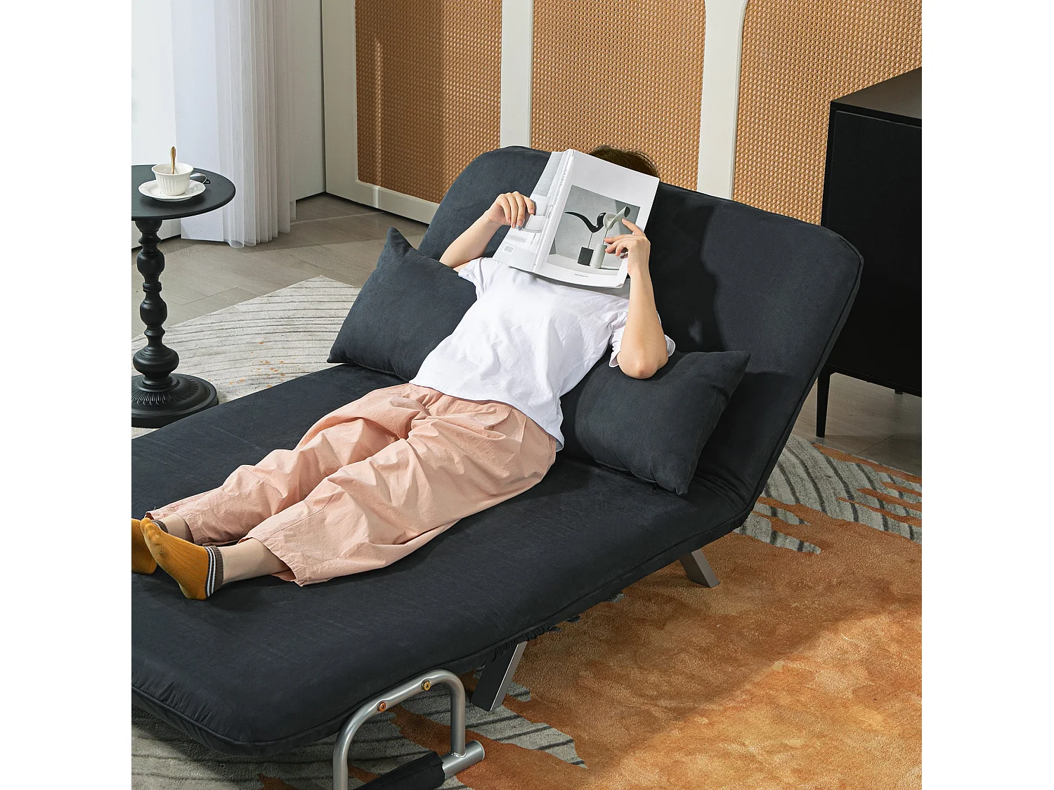 2-zits slaapbank met rugleuningverstelling, in fluweel, zwart (111x80x78 cm)