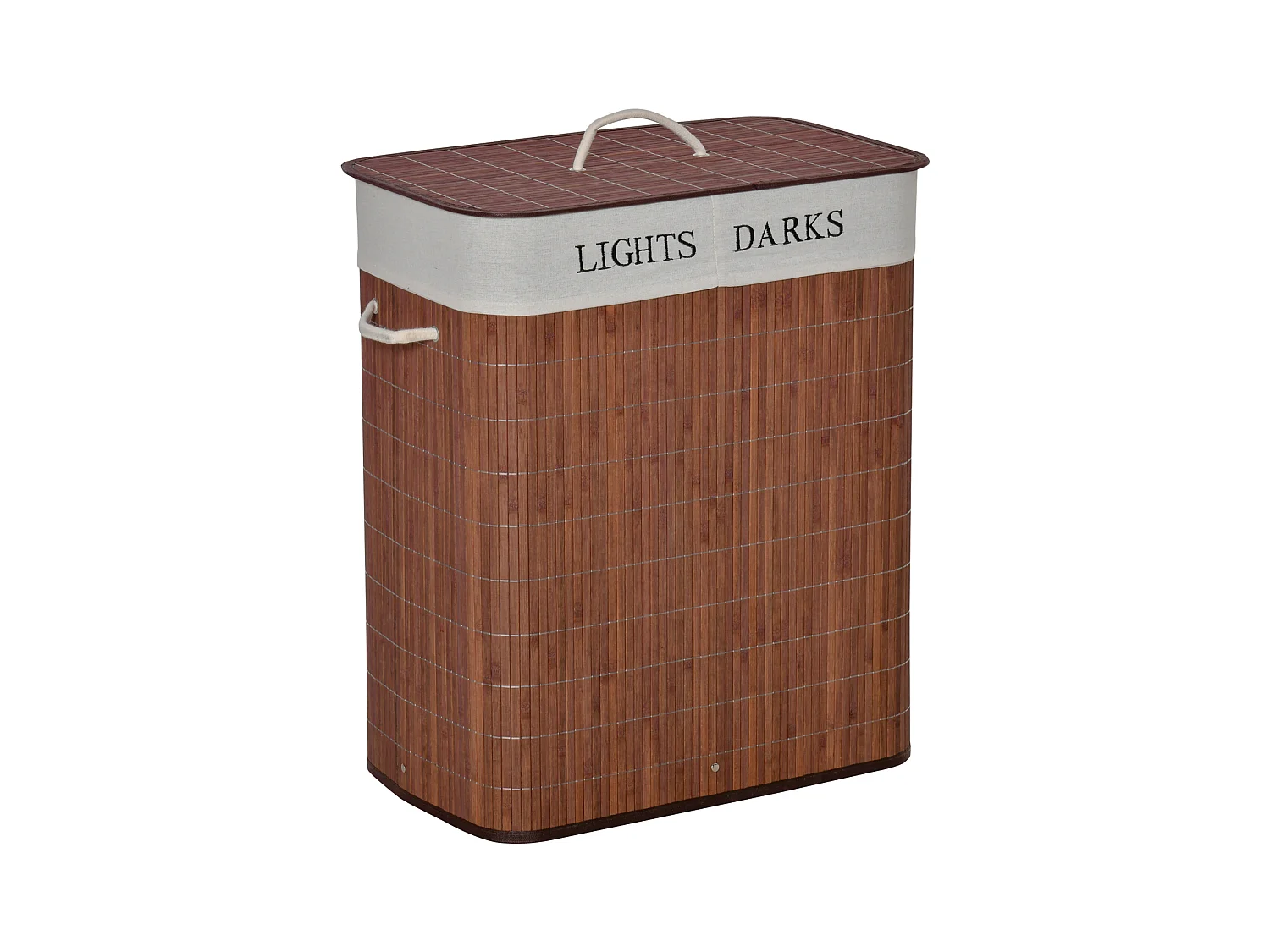 Panier à Linge avec Couvercle et 2 Compartiments, Bambou et Métal, Marron et Blanc (52x32x63 cm)