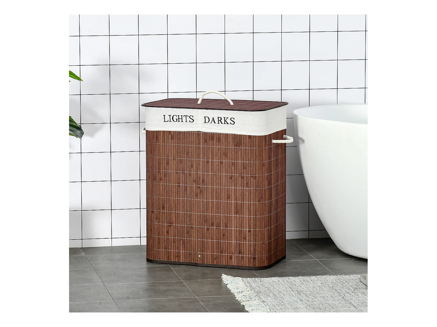 Panier à Linge avec Couvercle et 2 Compartiments, Bambou et Métal, Marron et Blanc (52x32x63 cm)