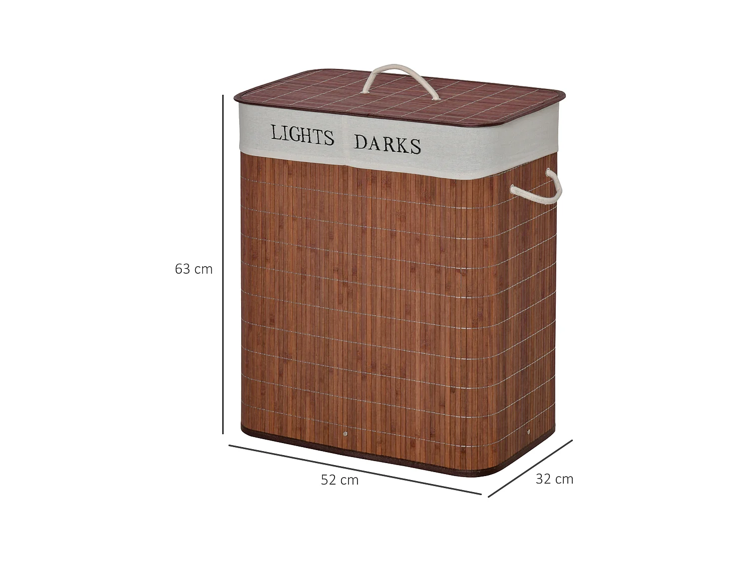 Panier à Linge avec Couvercle et 2 Compartiments, Bambou et Métal, Marron et Blanc (52x32x63 cm)