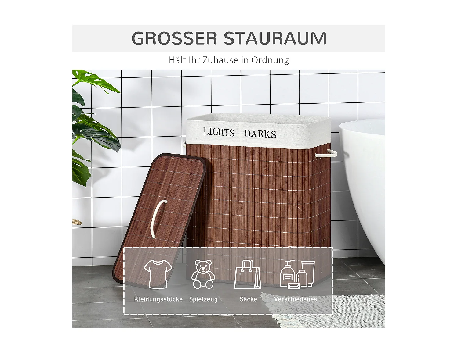 Panier à Linge avec Couvercle et 2 Compartiments, Bambou et Métal, Marron et Blanc (52x32x63 cm)