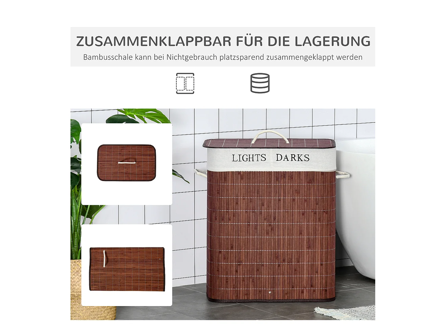 Panier à Linge avec Couvercle et 2 Compartiments, Bambou et Métal, Marron et Blanc (52x32x63 cm)