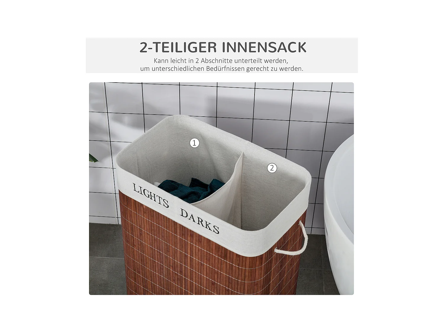 Panier à Linge avec Couvercle et 2 Compartiments, Bambou et Métal, Marron et Blanc (52x32x63 cm)