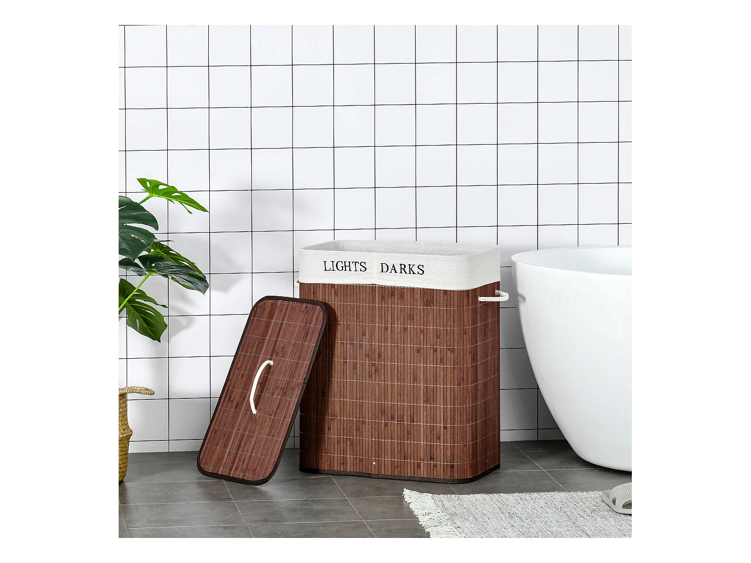 Panier à Linge avec Couvercle et 2 Compartiments, Bambou et Métal, Marron et Blanc (52x32x63 cm)