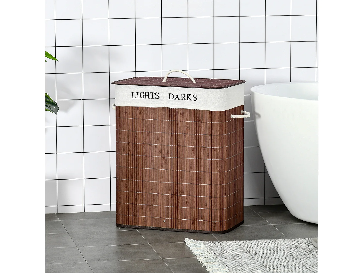 Panier à Linge avec Couvercle et 2 Compartiments, Bambou et Métal, Marron et Blanc (52x32x63 cm)