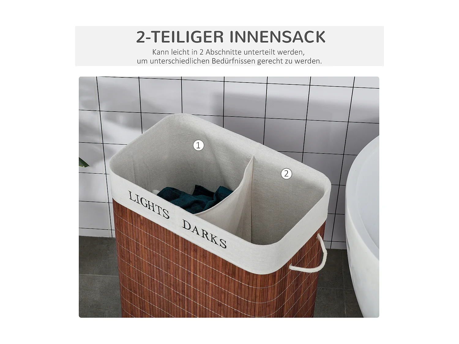 Panier à Linge avec Couvercle et 2 Compartiments, Bambou et Métal, Marron et Blanc (52x32x63 cm)