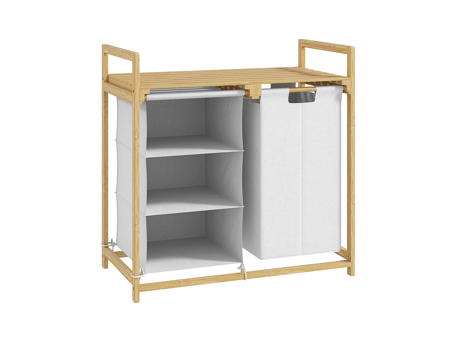 Panier à linge avec 4 compartiments, 2 sacs amovibles, bambou, blanc (70x36x70 cm)