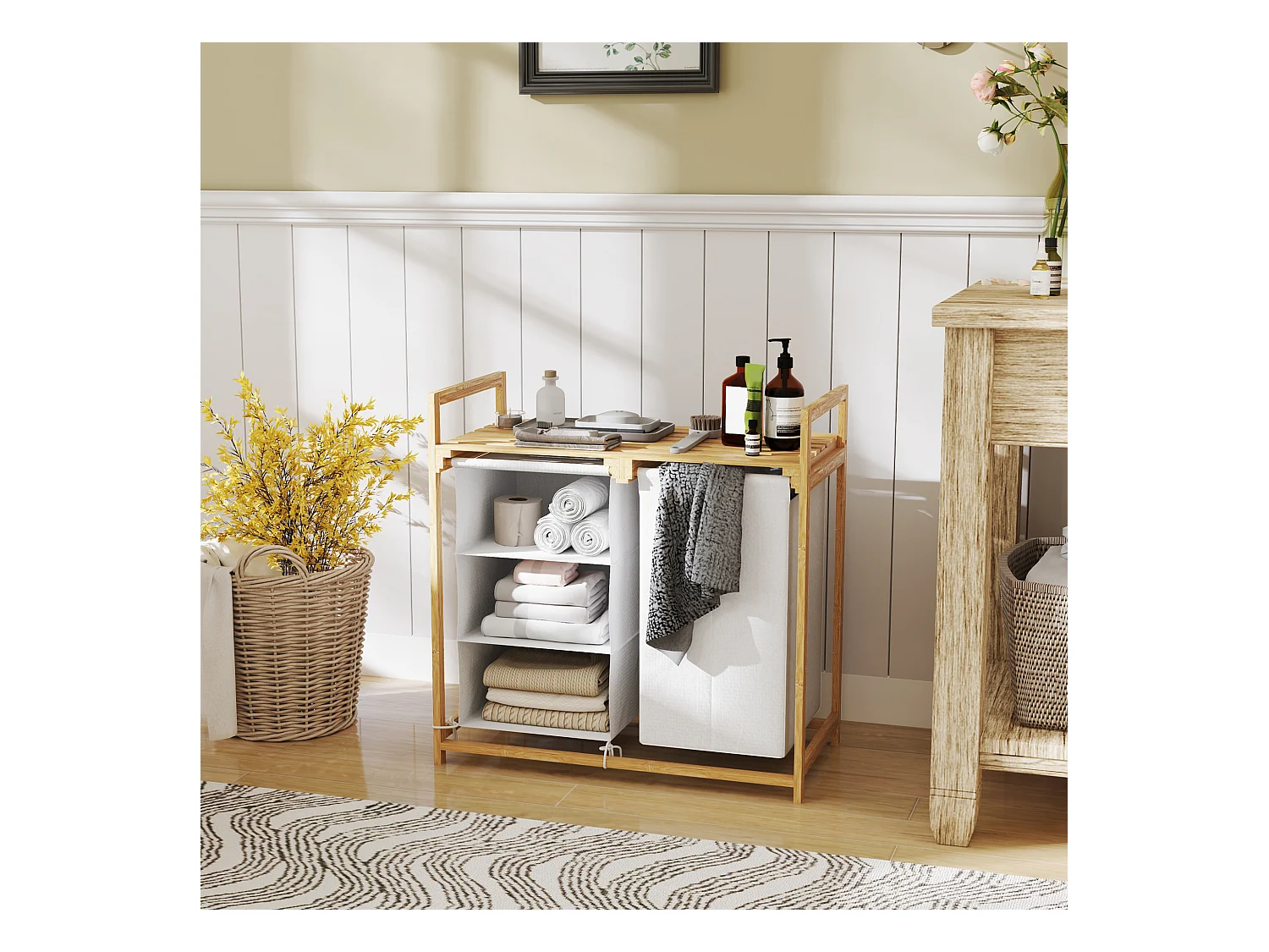 Panier à linge avec 4 compartiments, 2 sacs amovibles, bambou, blanc (70x36x70 cm)