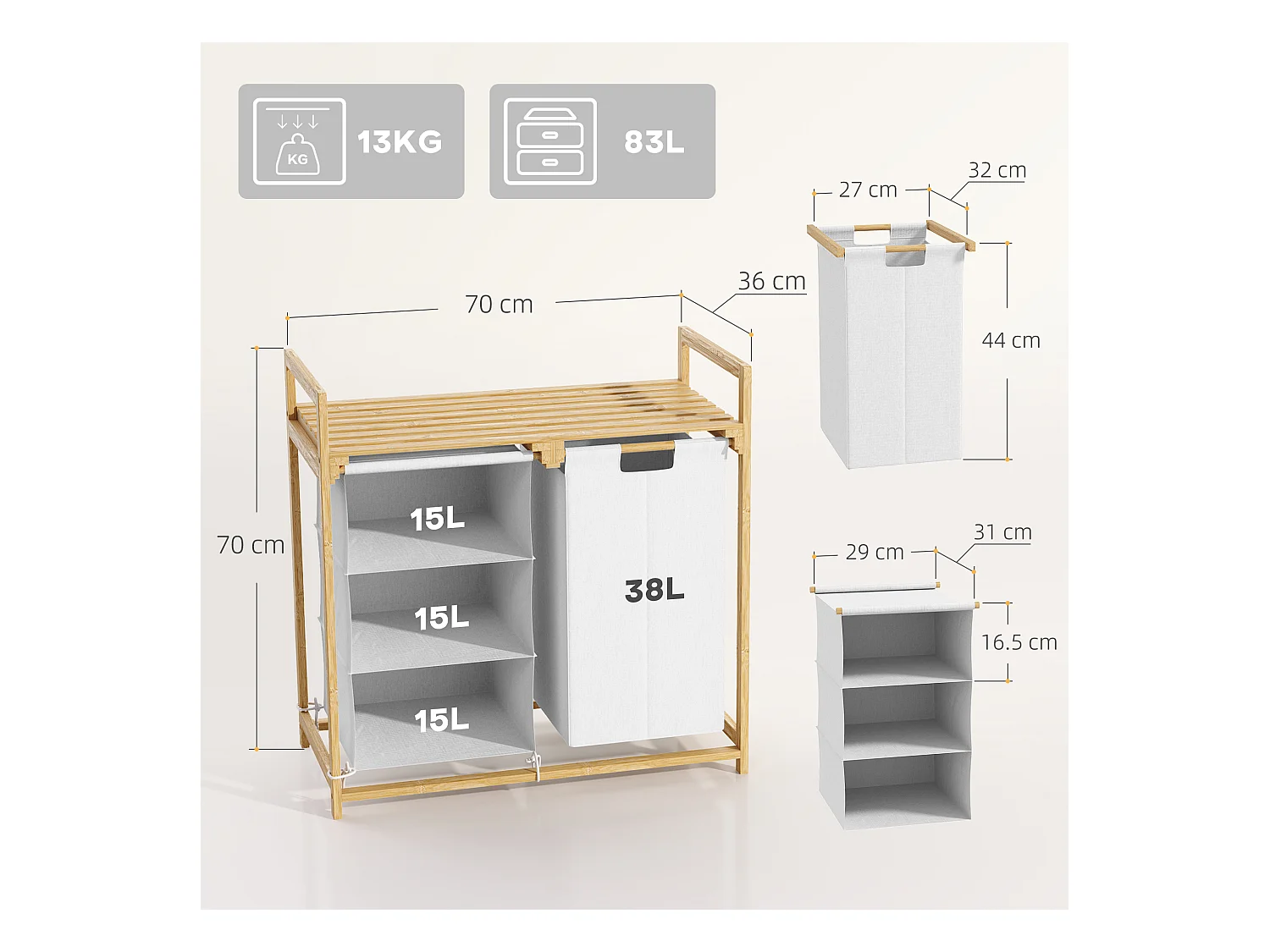 Panier à linge avec 4 compartiments, 2 sacs amovibles, bambou, blanc (70x36x70 cm)