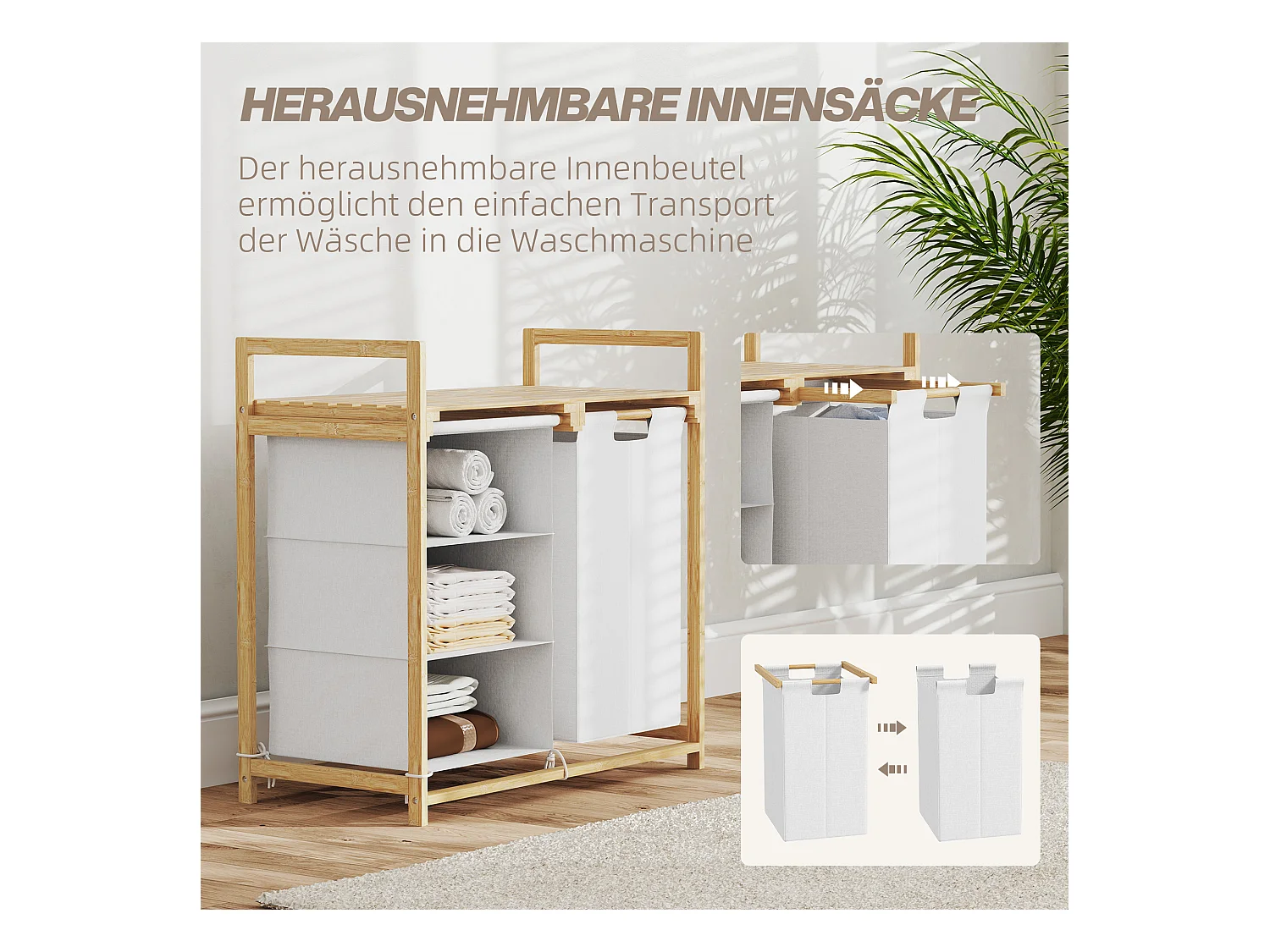 Panier à linge avec 4 compartiments, 2 sacs amovibles, bambou, blanc (70x36x70 cm)