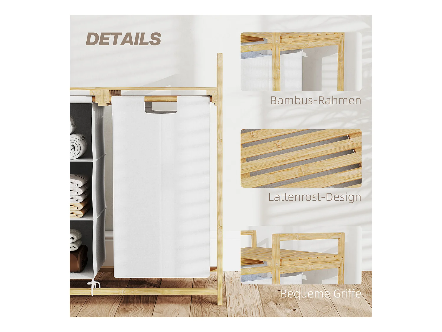 Panier à linge avec 4 compartiments, 2 sacs amovibles, bambou, blanc (70x36x70 cm)