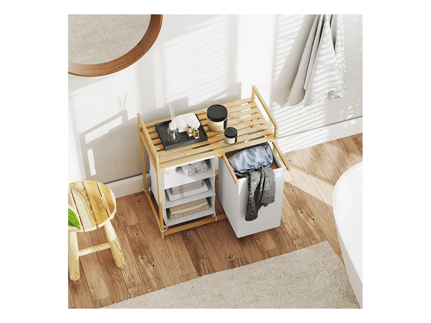 Panier à linge avec 4 compartiments, 2 sacs amovibles, bambou, blanc (70x36x70 cm)