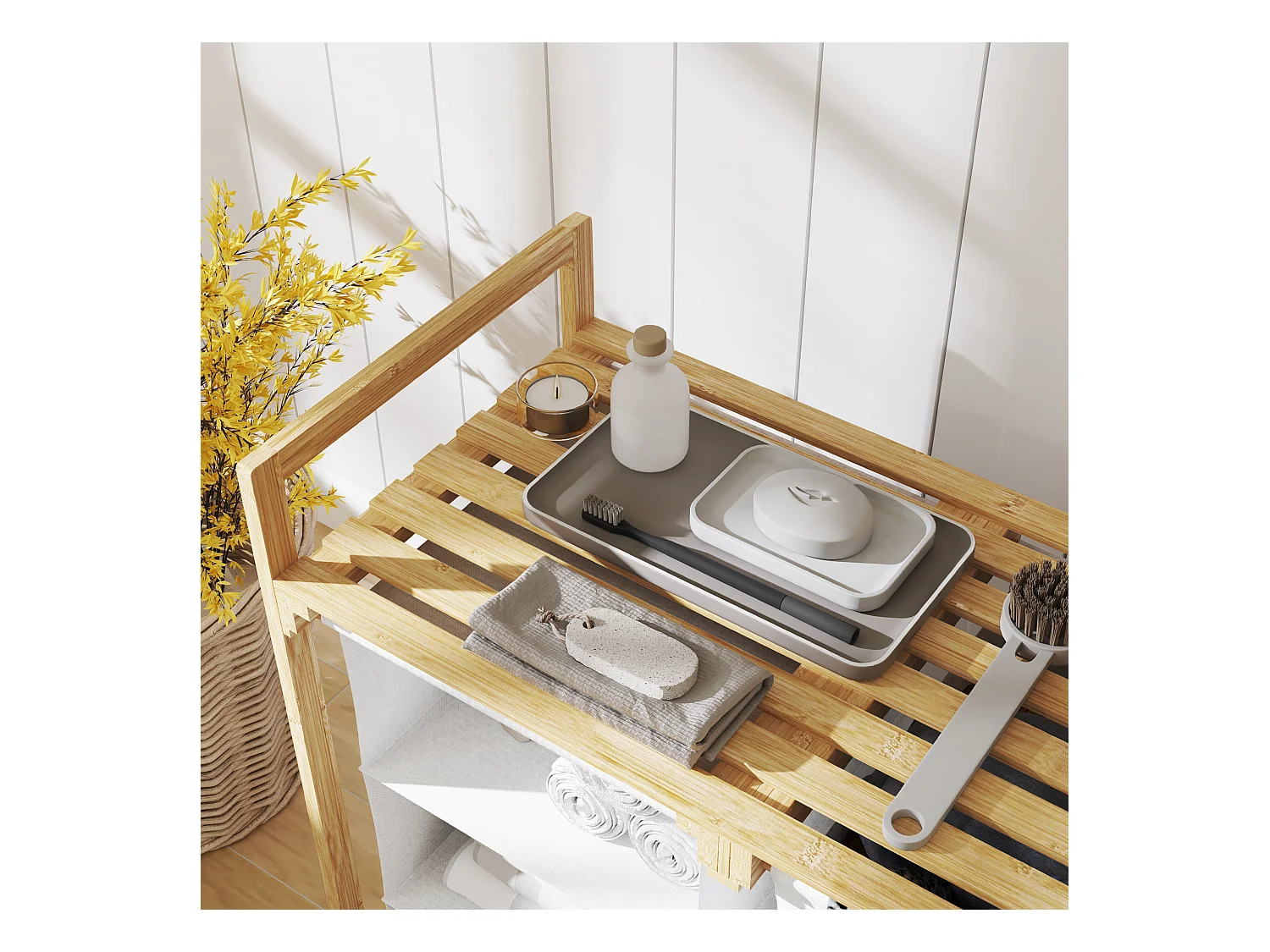 Panier à linge avec 4 compartiments, 2 sacs amovibles, bambou, blanc (70x36x70 cm)