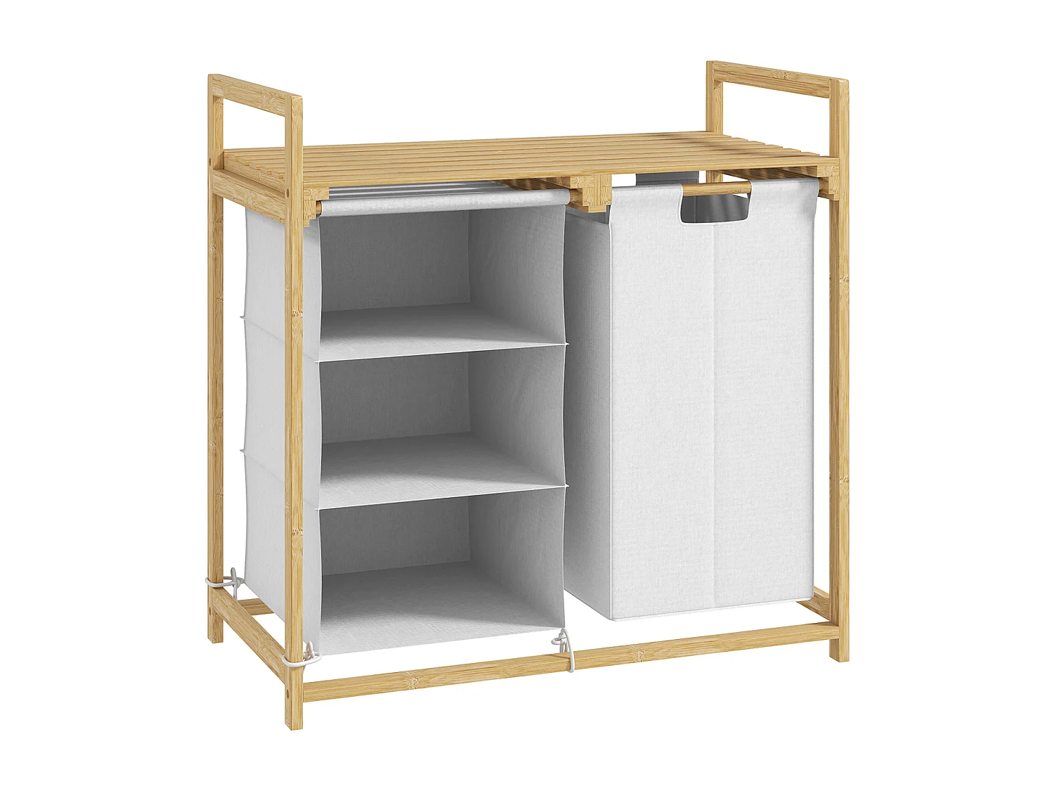 Wäschekorb mit 4 Fächern, 2 herausnehmbaren Taschen, Bambus, weiß (70x36x70 cm)