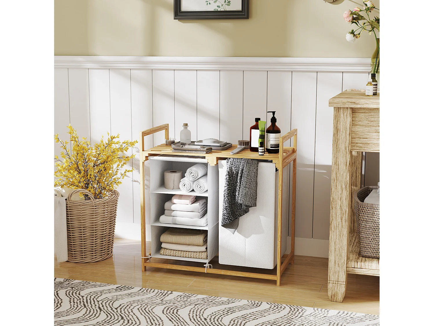 Wäschekorb mit 4 Fächern, 2 herausnehmbaren Taschen, Bambus, weiß (70x36x70 cm)