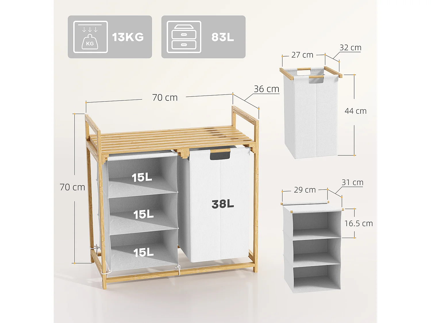 Wäschekorb mit 4 Fächern, 2 herausnehmbaren Taschen, Bambus, weiß (70x36x70 cm)