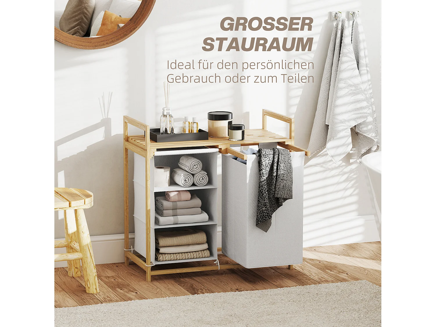 Wäschekorb mit 4 Fächern, 2 herausnehmbaren Taschen, Bambus, weiß (70x36x70 cm)