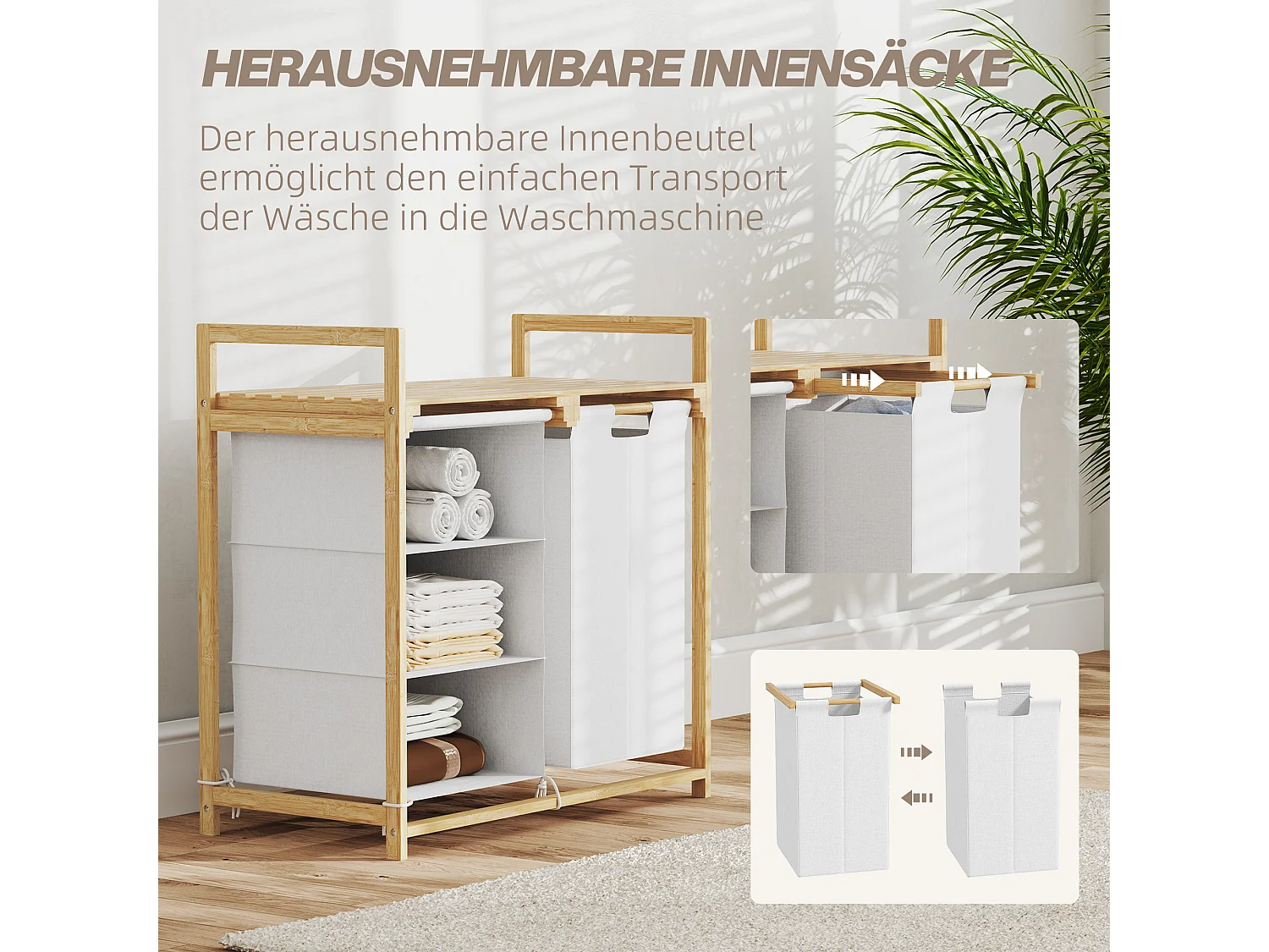 Wäschekorb mit 4 Fächern, 2 herausnehmbaren Taschen, Bambus, weiß (70x36x70 cm)