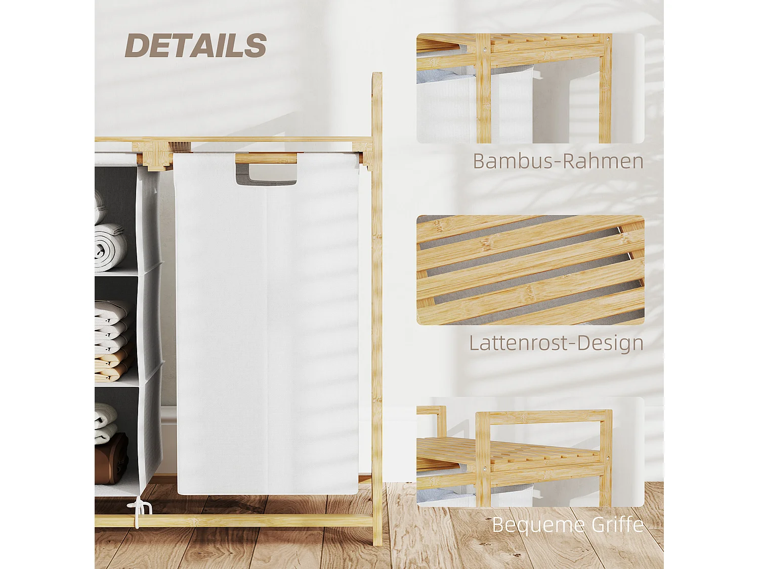 Wäschekorb mit 4 Fächern, 2 herausnehmbaren Taschen, Bambus, weiß (70x36x70 cm)