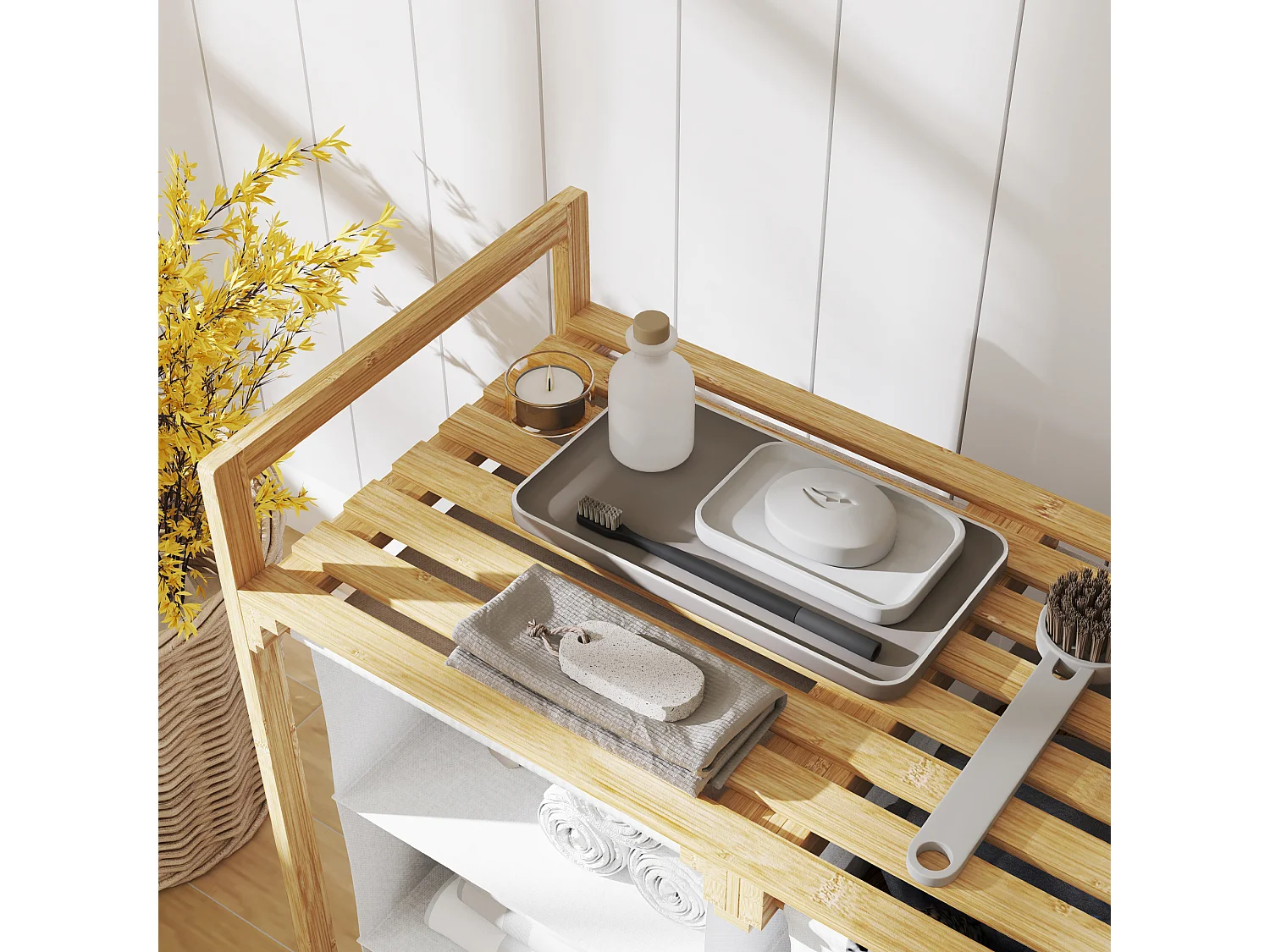 Wäschekorb mit 4 Fächern, 2 herausnehmbaren Taschen, Bambus, weiß (70x36x70 cm)