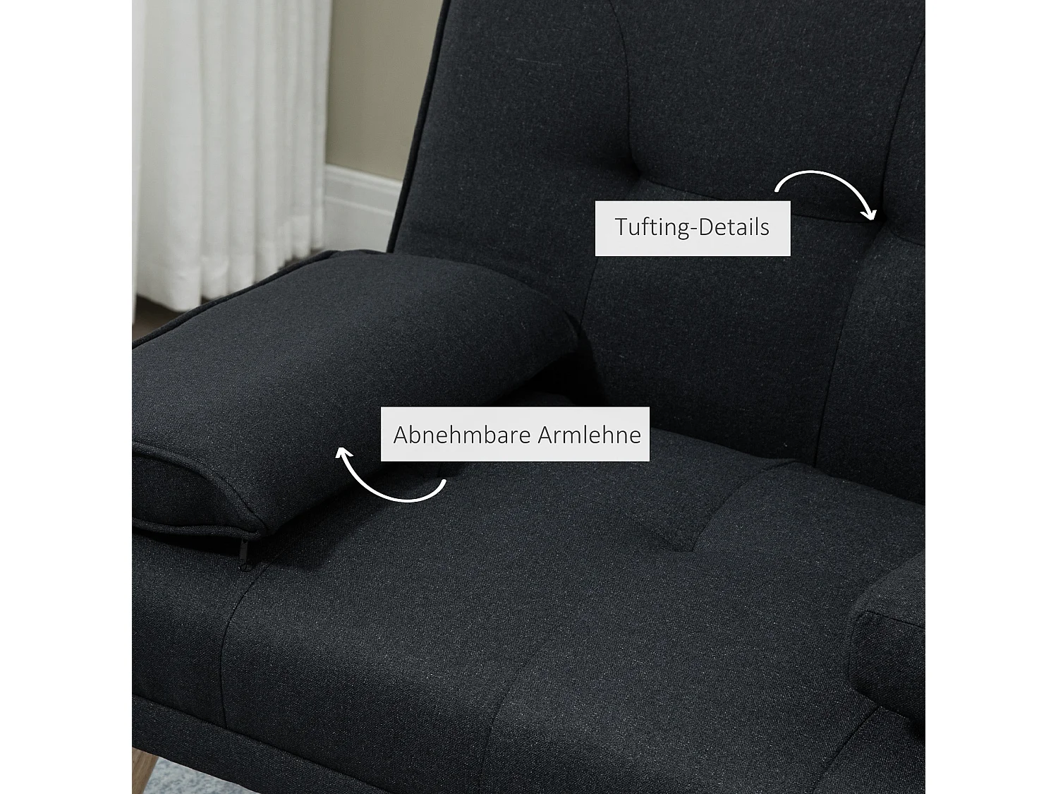 Canapé convertible 3 places avec table rabattable et porte-gobelets, design scandinave, tissu lin gris (181x77x78 cm)