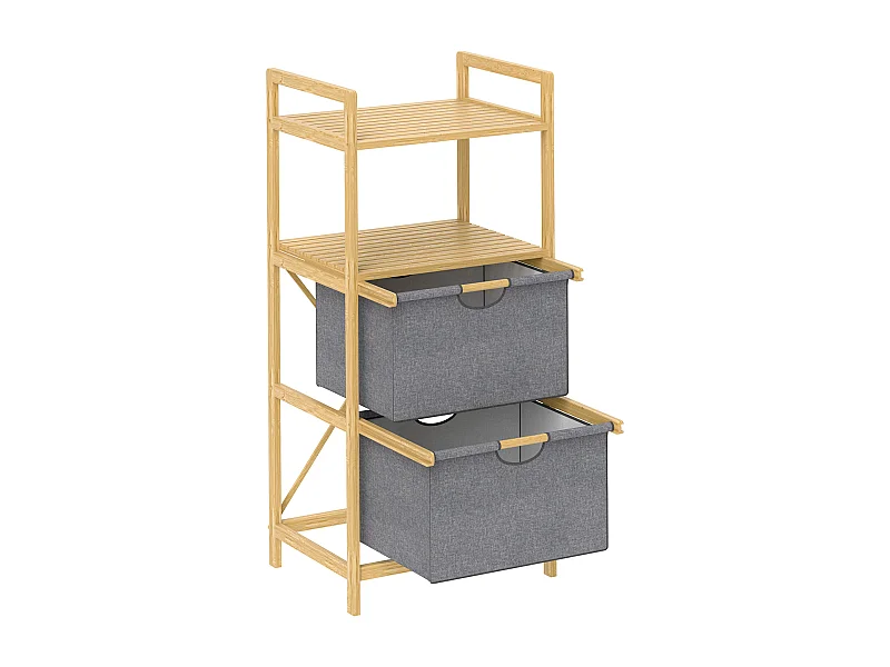Doppelter Wäschekorb mit offenen Regalen, natürlicher Bambus und Stoff, natürliche Farbe (44 x 34 x 96 cm)