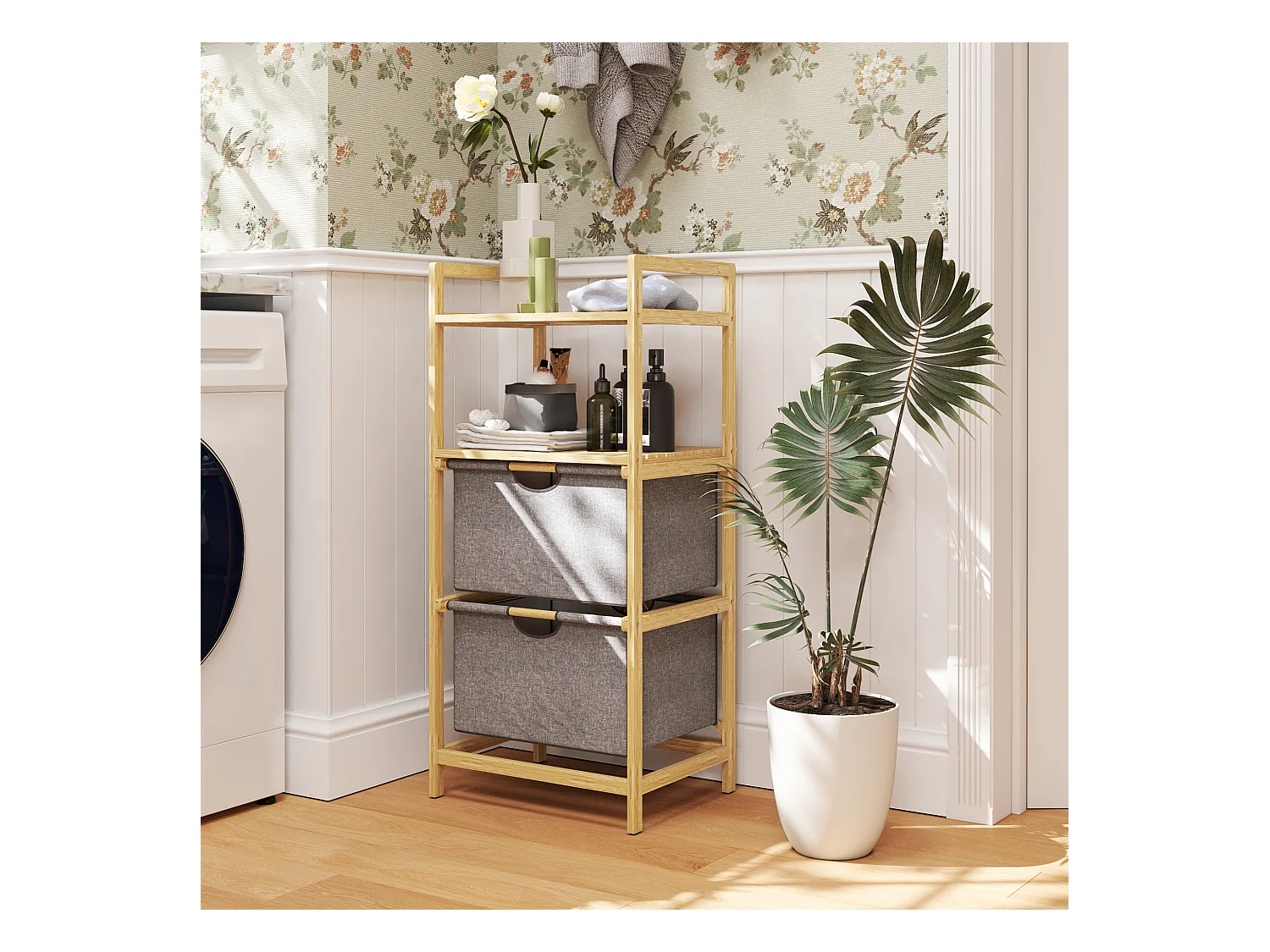 Dubbele wasmand met open planken, natuurlijk bamboe en stof, natuurlijke kleur (44x34x96cm)