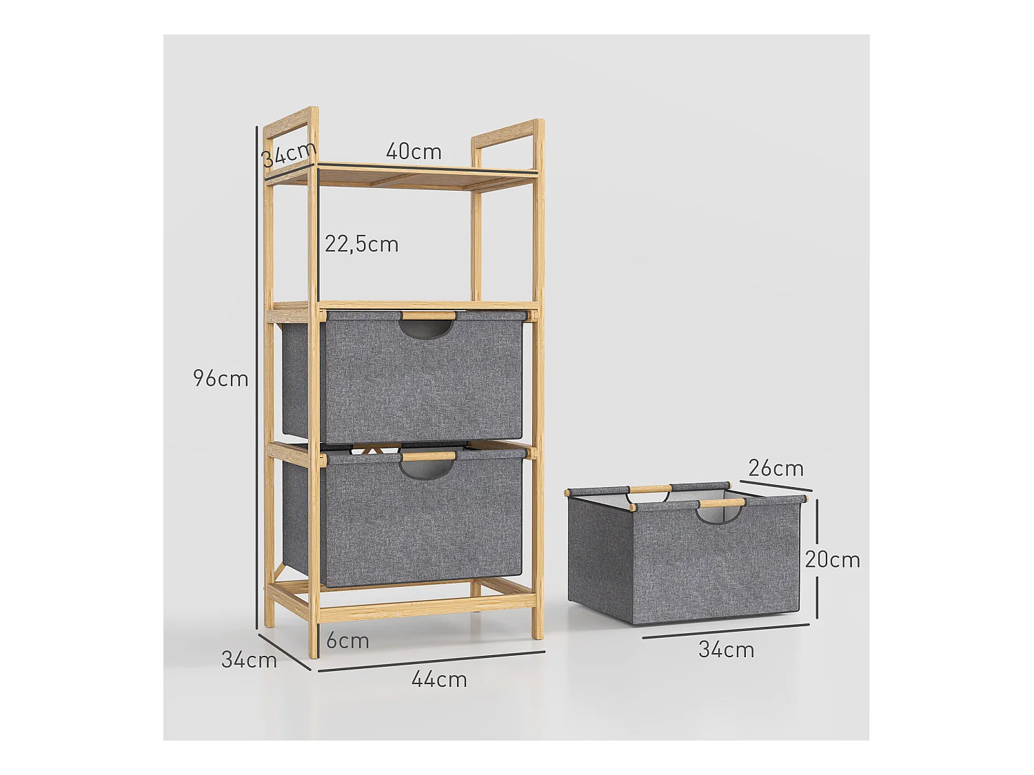 Dubbele wasmand met open planken, natuurlijk bamboe en stof, natuurlijke kleur (44x34x96cm)