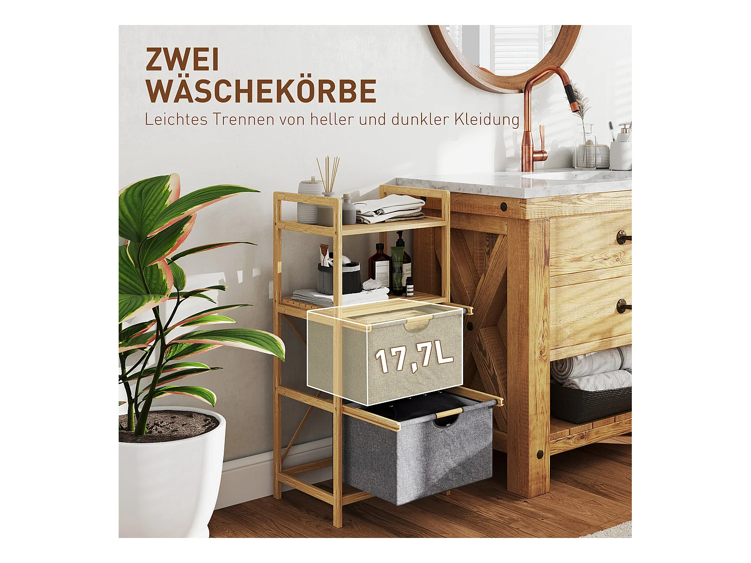 Dubbele wasmand met open planken, natuurlijk bamboe en stof, natuurlijke kleur (44x34x96cm)