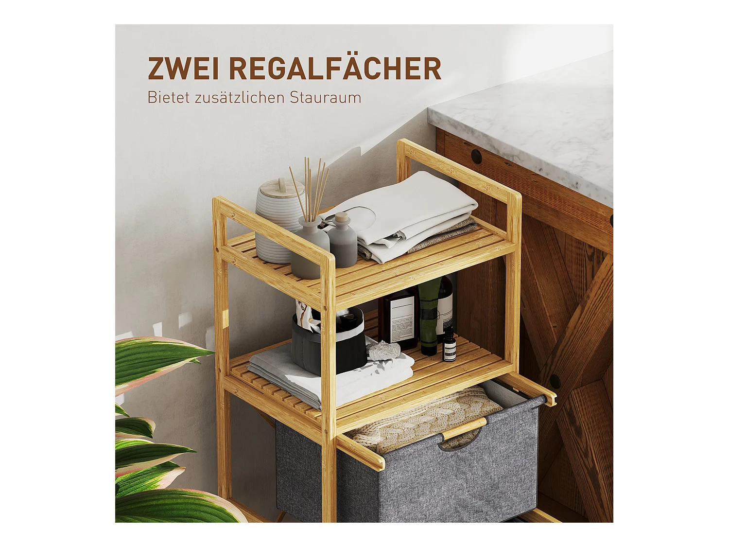 Dubbele wasmand met open planken, natuurlijk bamboe en stof, natuurlijke kleur (44x34x96cm)