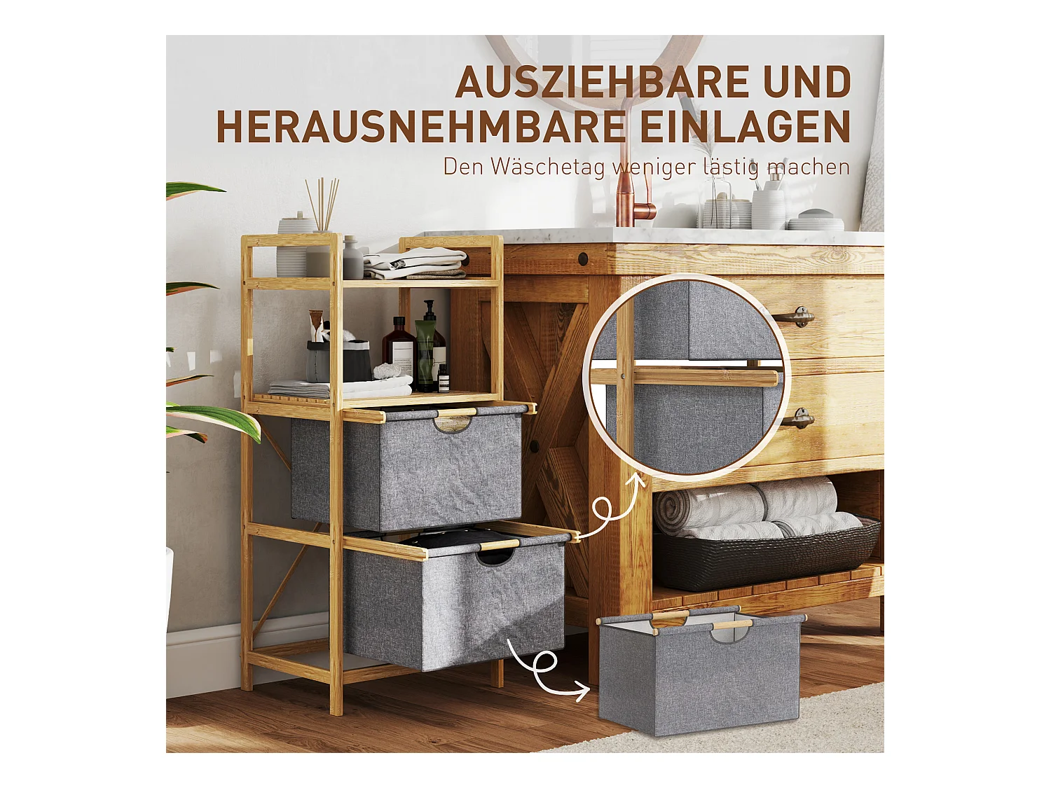 Dubbele wasmand met open planken, natuurlijk bamboe en stof, natuurlijke kleur (44x34x96cm)